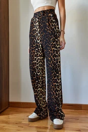 Women's Leopard Print Pocket Detailed Velcro Palazzo Trousers 3826