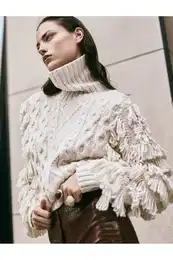 Turtleneck Hip Length Long Sleeve Tassel Knitted Sweater