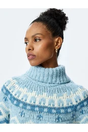 Mohair and Wool Blend Ethnic Patterned Long Sleeve Turtleneck Knitted Sweater