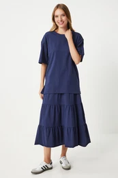 Happiness stanbul Women's Navy Blue Oversize T-Shirt Flounce Knitted Skirt Set