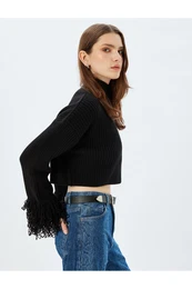 X Zeynep Bastk - Turtleneck Long Sleeve Tassel Crop Knit Sweater