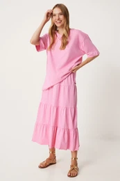 Happiness stanbul Women's Pink Oversize T-Shirt Flounce Knitted Skirt Set