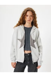 Oversize Zippered Sweatshirt Hooded Star Embroidered Pocket Detailed Ribbon
