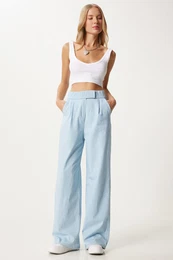 Happiness stanbul Women's Light Blue Waist Velcro Comfort Palazzo Pants