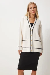 Happiness stanbul Women's Cream Contrast Detail Pocket Long Knit Cardigan
