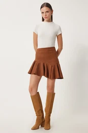 Happiness stanbul Women's Tan Flounce Asymmetrical Mini Suede Skirt