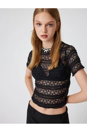 Bow T-Shirt Lace Short Sleeve Sheer Slim Fit Collar