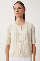 Happiness stanbul Women's Cream Crew Neck Hair Knitted Sweater Cardigan