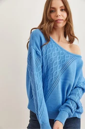 Women's Baby Blue Openwork Boat Neck Knitwear Sweater