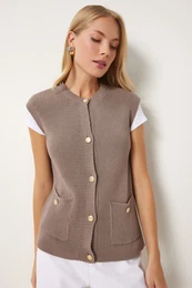 Happiness stanbul Women's Mink Stylish Buttoned Pocket Knitwear Vest