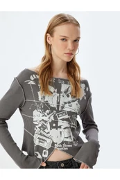 Long Sleeve T-Shirt Ribbed Printed Boat Neck Asymmetric Cut Slim Fit