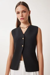 Happiness stanbul Women's Black V Neck Stylish Buttoned Knit Vest