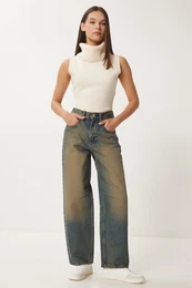 Happiness stanbul Women's Dark Blue High Waist Faded Effect Baggy Jeans