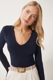 Happiness stanbul Women's Navy Blue V Neck Snap Woven Bodysuit
