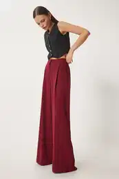 Happiness stanbul Women's Burgundy Pocketed Woven Palazzo Trousers