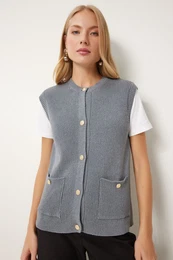 Happiness stanbul Women's Gray Stylish Buttoned Pocket Knitwear Vest