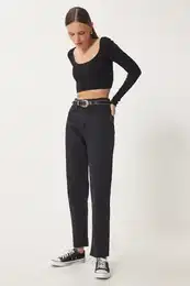 Happiness stanbul Women's Black Mid Waist Straight Jeans