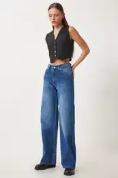 Happiness stanbul Women's Blue Mid Waist Wide Leg Loose Jeans