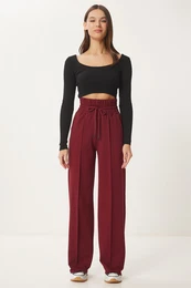 Happiness stanbul Women's Burgundy Pocket Basic Knitted Sweatpants