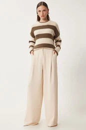Happiness stanbul Women's Cream Pocket Woven Palazzo Trousers