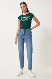 Happiness stanbul Women's Blue Mid Waist Straight Jeans