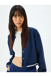 Bomber Collar Sweatshirt with Snap Buttons and Ribbed Both