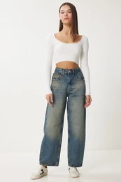 Happiness stanbul Women's Blue High Waist Faded Effect Baggy Jeans