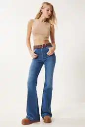 Happiness stanbul Women's Blue Bell-bottom Denim Pants