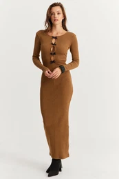 Women's Camel-Black Ribbon Detailed Camisole Maxi New Year's Dress