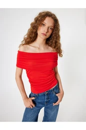 Madonna Collar Off-The-Shoulder Draped Short Sleeve Slim Fit T-Shirt