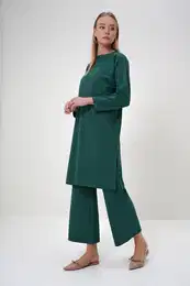 Trend Alaat Stili Women's Emerald Green Crew Neck Side Slit Long Tunic and Trouser Set