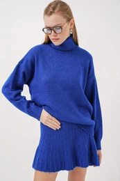 15891 Sweater Skirt Knitwear Two Piece Set - Saxe