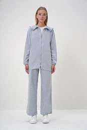 Trend Alaat Stili Women's Gray Polo Collar Zippered Jacket and Trousers Set