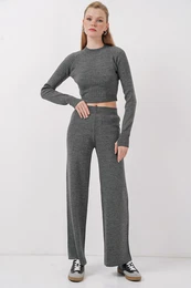 15905 Women Crop Sweater Trousers Knitwear Bottom Top Set - Smoke