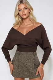 Trend Alaat Stili Women's Dark Brown Front Back V Neck Double Breasted Blouse