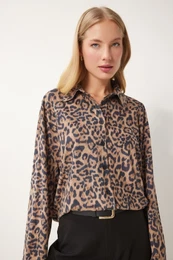Happiness stanbul Women's Black Beige Leopard Patterned Suede Shirt