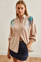 Women's Beige Leaf Sequin Detailed Woven Shirt