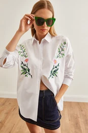 Women's Violet White Embroidery Detailed Oversize Woven Shirt