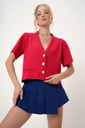 Trend Alaat Stili Women's Red V Neck Gold Buttoned Pocket Detailed Knitwear Cardigan