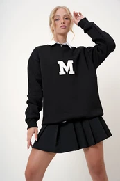 Trend Alaat Stili Women's Black Crew Neck Embroidered Oversize Sweatshirt with Raised Inside