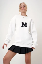 Trend Alaat Stili Women's White Crew Neck Embroidered Oversize Sweatshirt with Raised Inside