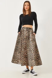 Women's Leopard Patterned Pocket Detailed Elastic Waist Parachute Balloon Skirt