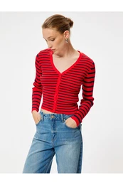 V Neck Ribbed Long Sleeve Buttoned Knitwear Cardigan
