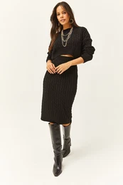Women's Black Top Sweater Bottom Midi Skirt Hair Braided Suit
