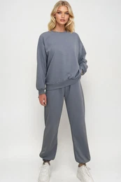 Trend Alaat Stili Women's Dyed Gray Bike Neck Waist and Leg Elastic Basic Tracksuit