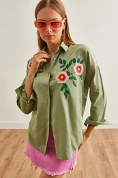 Women's Azalea Mold Green Embroidery Detailed Oversize Woven Shirt