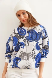 Women's Palm Tree Saks Blue Basic Soft Textured Casual Sweatshirt