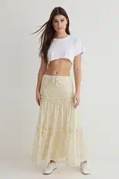 Light Yellow Tulle Floral Printed Gathered/Draped Detail Flexible Skirt