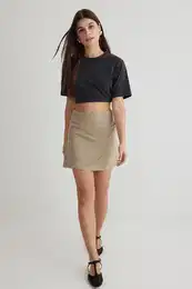 Grey Linen Look with Gathered Detail Mini Size Weaving Skirt