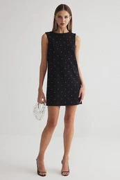 Black Shiny Stone Printed Super Mini Dress